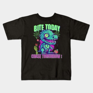 Bite Today, Chase Tomorrow! Halloween Zombie Dino Kids T-Shirt